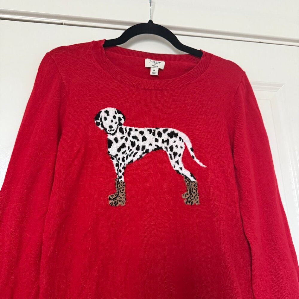 J Crew Teddie Sweater Medium Dalmatian Dog Print Red Classic Novelty Print - Picture 4 of 15